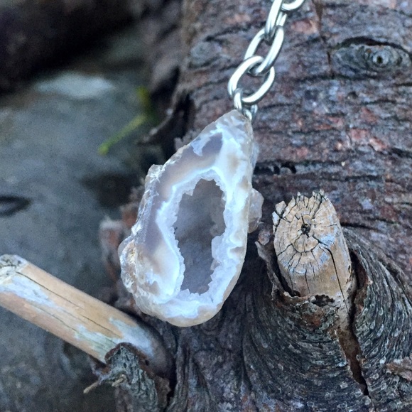 Natural Agate with Druzy Keychain - Half Geode - Picture 3 of 13